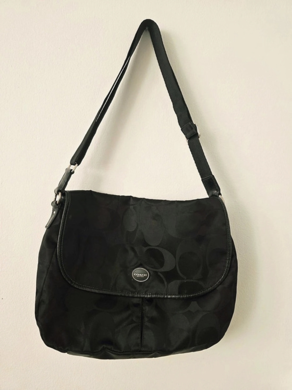 Coach Signature Nylon Flap Crossbody Bag Black